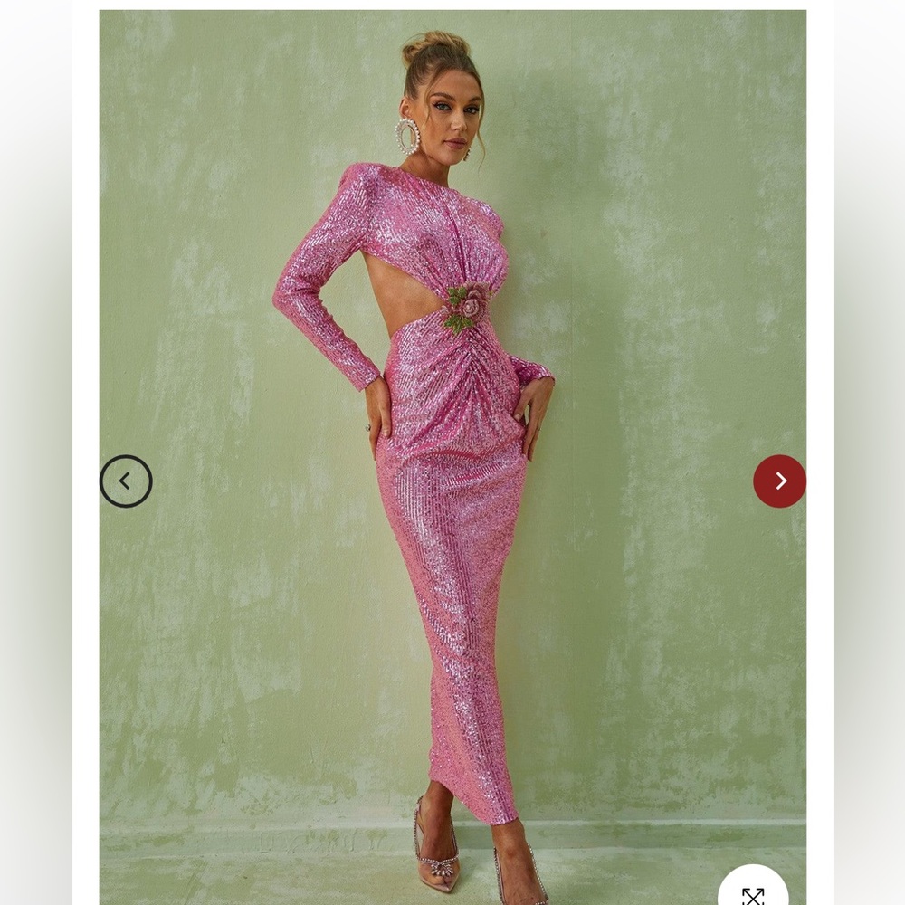 Pink long sleeve cutout sequin maxi dress